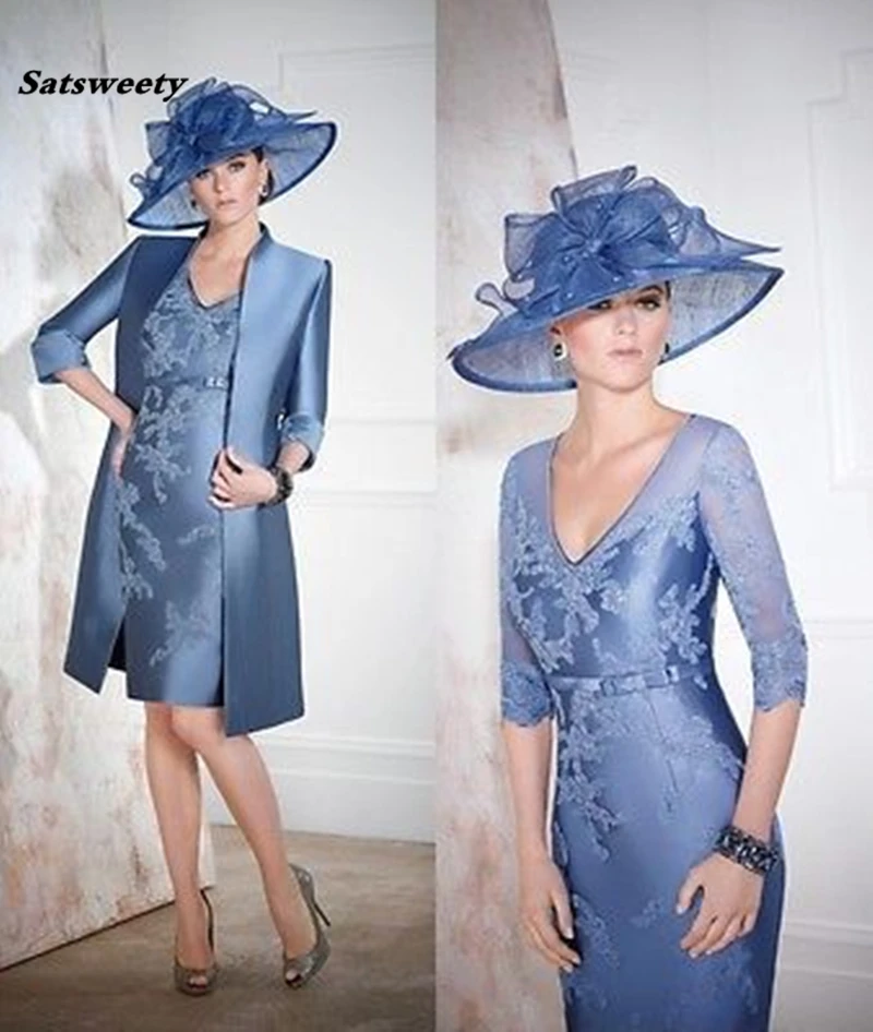 

Free Shipping robe de soiree New Fashion vestido de festa godmother blue appliques Mother of the Bride Dresses With Jacket