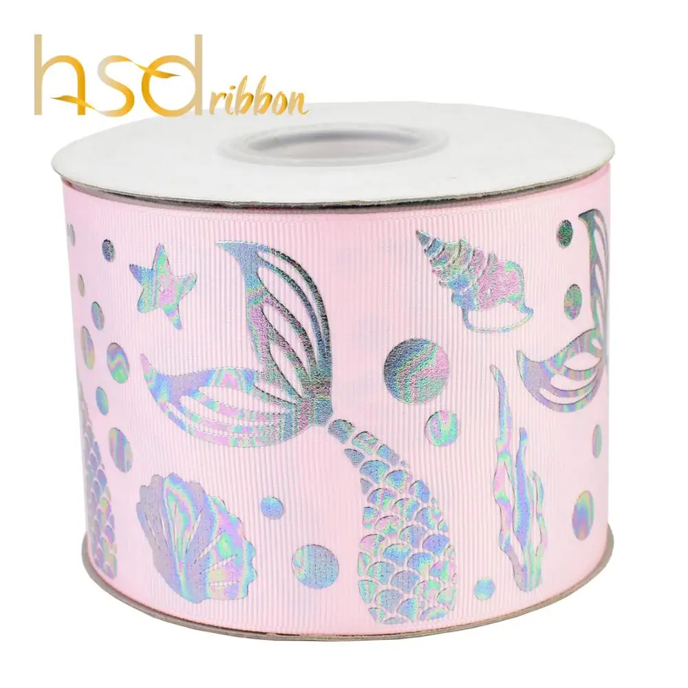 HSDRibbon 75mm 3 inch iridescence foil mermaid on HT and Pink Grosgrain Ribbon