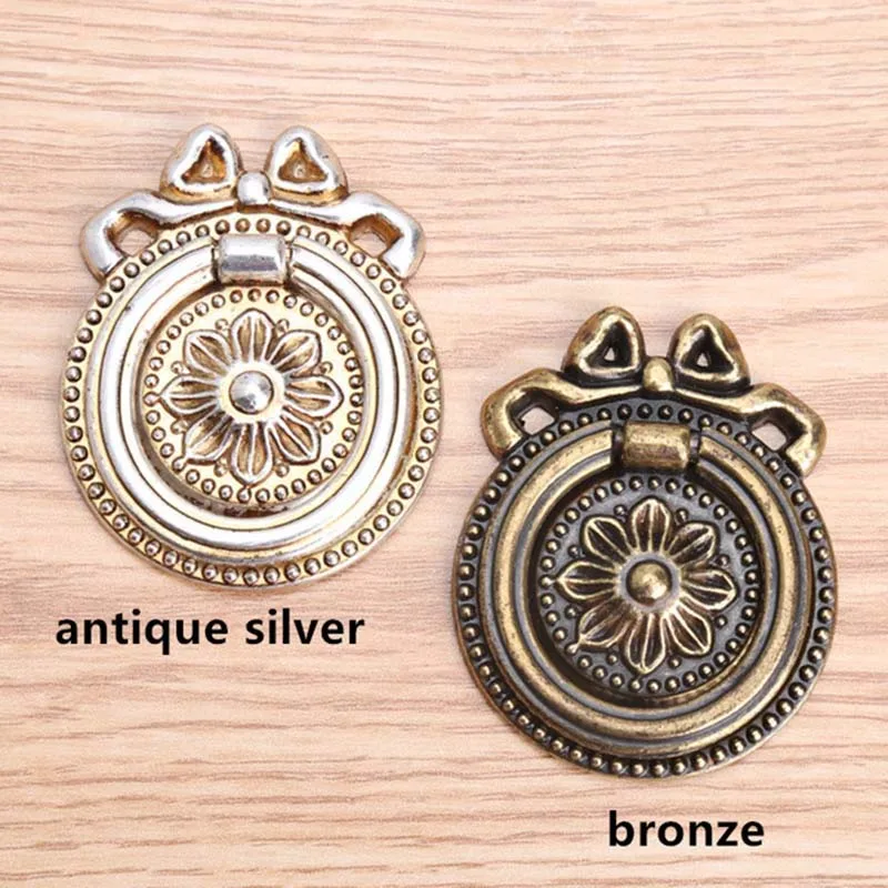 Vintage dresser handles Antique silver drawer cabinet pulls Bronze drop rings retro furniture hardware knobs Jewelry box handles