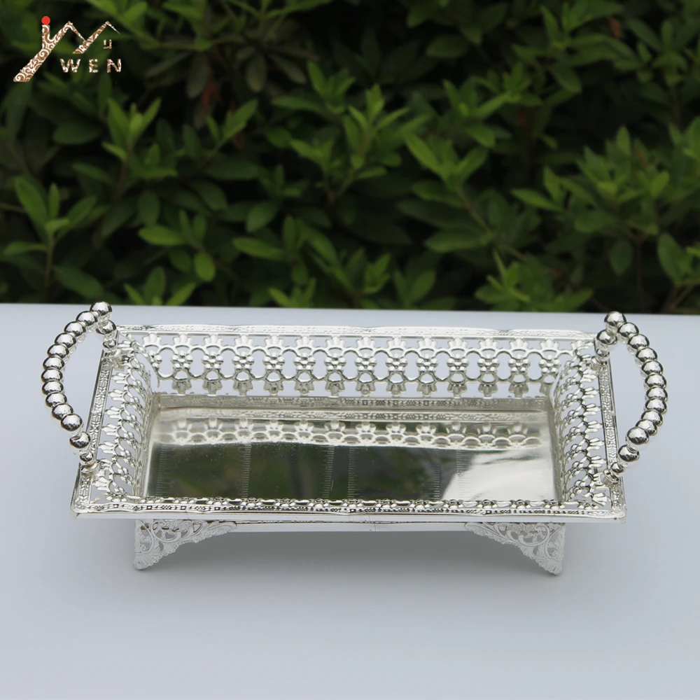 

Free Shipping Luxury Shiny Silver Finish Metal Tray Hollow Snack plate Cake Stand