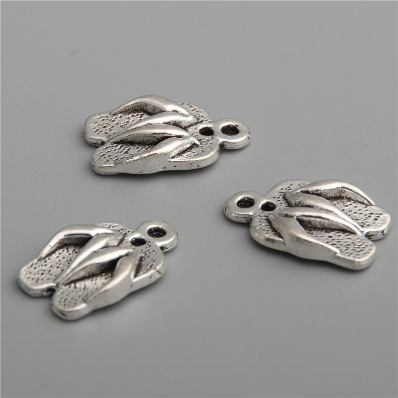 50pcs  Silver Color Slippers Charms 3D Flip Flops Pendant With Flower Beach Jewelry Making Finding A2793