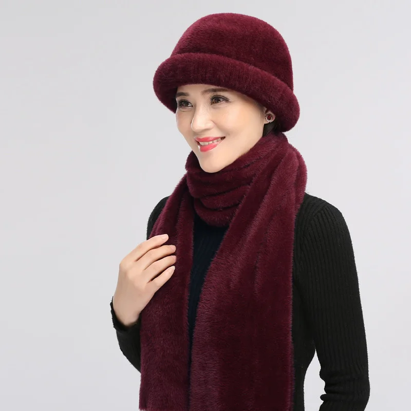 Women Middle Age Hat Winter Lady Pure Color Fashion Scarf Grandmother Mother Birthday Present Elegant Warm Scarves Cap Set H7132