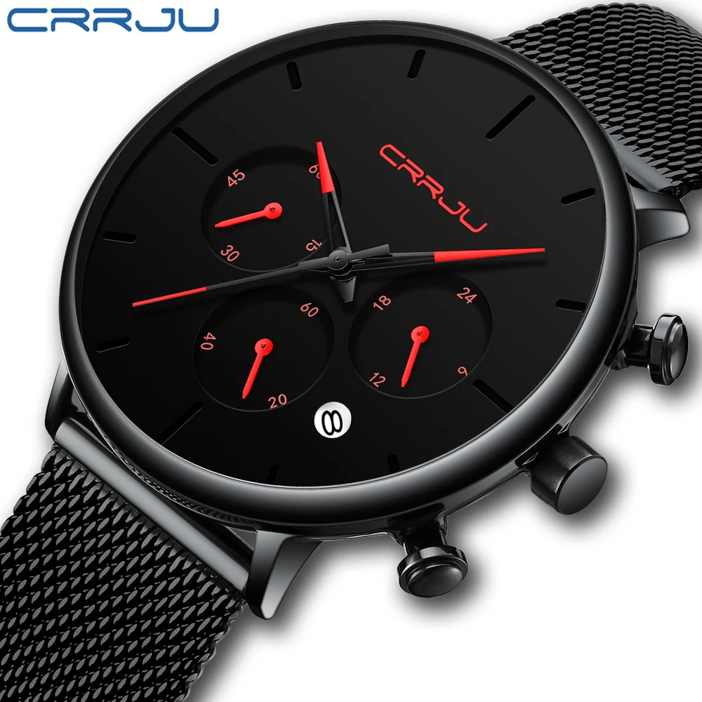 

CRRJU Unique Style Men Watch Top Brand Luxury Waterproof Quartz Chronograph Military Stainless Steel Watch Men Clocks Relogio