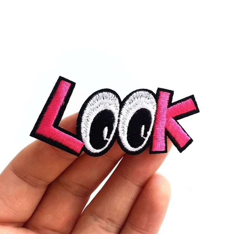 10 Pieces Pink Color Look Letter with Eyes Iron on Patch Interesting Clothing Sticker letter fabric patches DIY Accessories