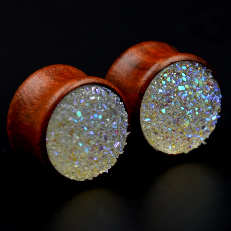 Showlove-2Pcs Rose Wood Ear Piericng with Synthetic DruzySaddle Plug Flesh Tunnel Expander Double Flared Gauge earings Jewelry