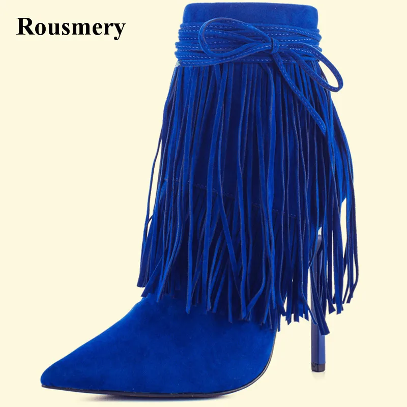 

Free Shipping Women Fashion Pointed Toe Blue Suede Leather Ankle Tassels Short Boots Lace-up Stiletto Heel Ankle Boots