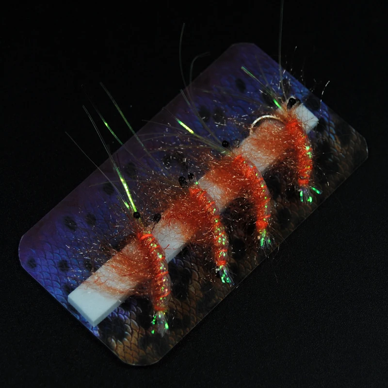 Bimoo 4PCS #6 Orange Color Shrimp Fly Fishing Artificial Shrimps Prawn Bait Lures