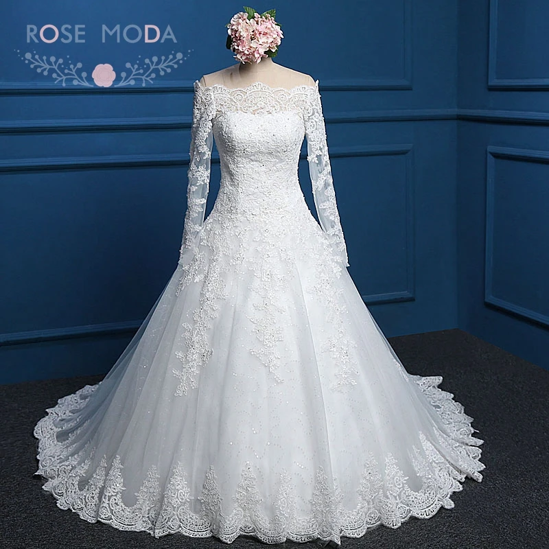 

Rose Moda Long Sleeves Lace Princess Wedding Dresses Real Images Custom Make