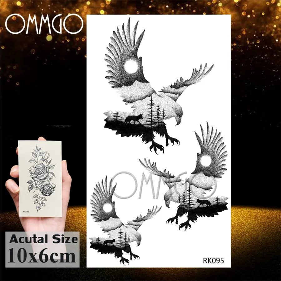 OMMGO Eagle Bird Mountain Forest Temporary Tattoos Sticker Black Moon Star Custom Tattoo Body Art Arm Fake Tatoos Small Animal