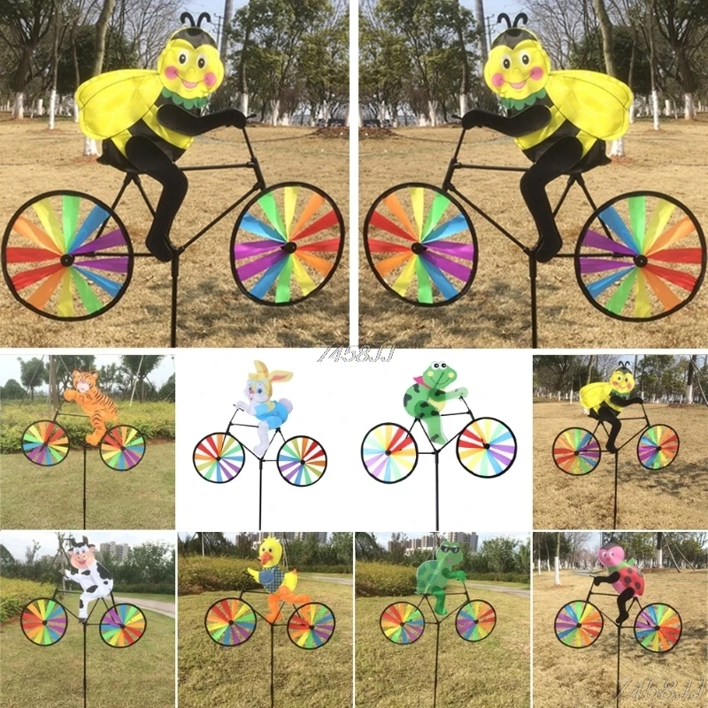 Rabbit Bee Tiger on Bike DIY Windmill Animal Bicycle Wind Spinner Whirligig Garden Lawn Decorative Gadgets Kids Outdoor Toys