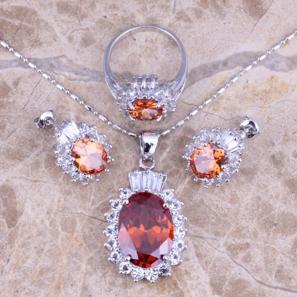 Fancy Brown Morganite White CZ Silver Plated Jewelry Sets Earrings Pendant Ring Size 6 / 7 / 8 / 9 / 10 S0423