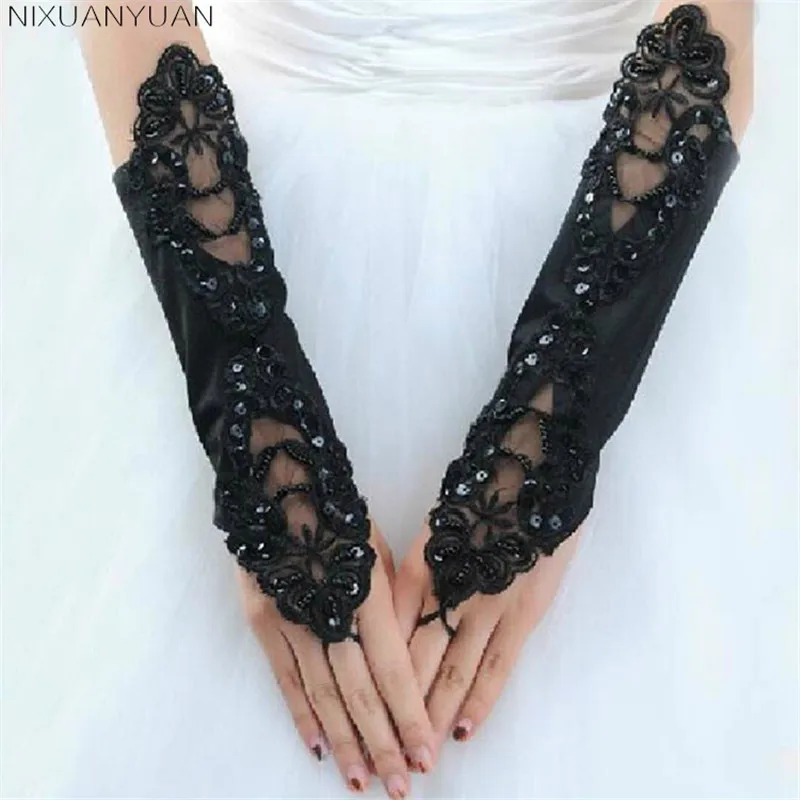 Luva De Noiva Fingerless Red White Beige Black Long Satin Stretch Bride Gloves Beaded Wedding Accessories Vestido De Festa