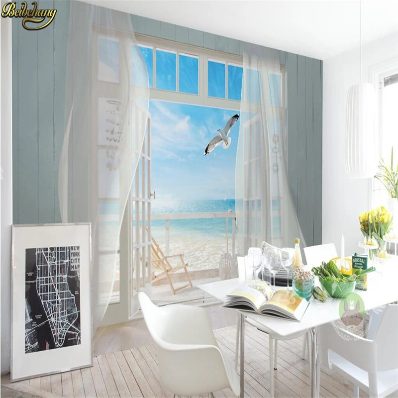 beibehang Custom Wallpaper Large Wallpaper Wall Sticker 3D Stereo Window Outside Seaview Background Wall Murder papel de parede