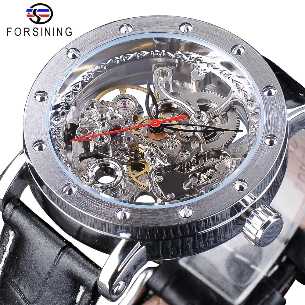 Forsining Argento Skeleton Orologi Da Polso Nero Rosso Puntatore Nero Cinghia di Cuoio Genuina Orologi Automatici per Gli Uomini Orologio Trasparente