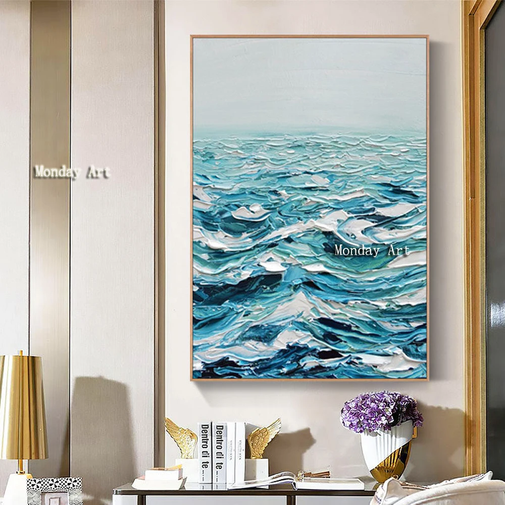 

Large Size High Quality Knife Oil Painting Canvas Handpainted Abstract Sea View Modern Home Wall Decor Sea View Palette Picture