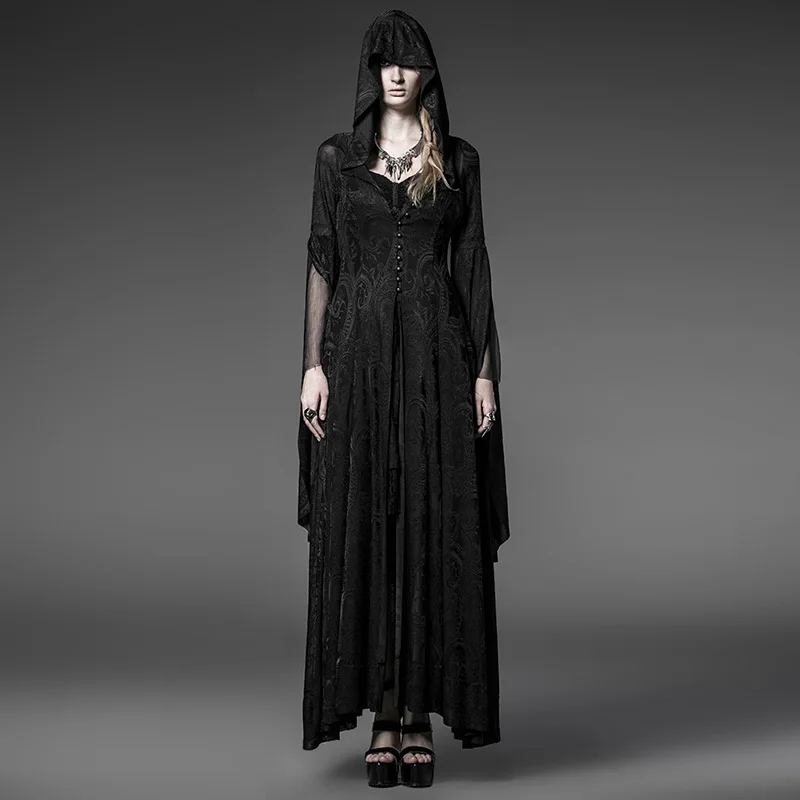 Punk Rave Gothic Long Dress Coat Jacket Cloak Womens Black Visual kei Steampunk Witch Wicca Y510