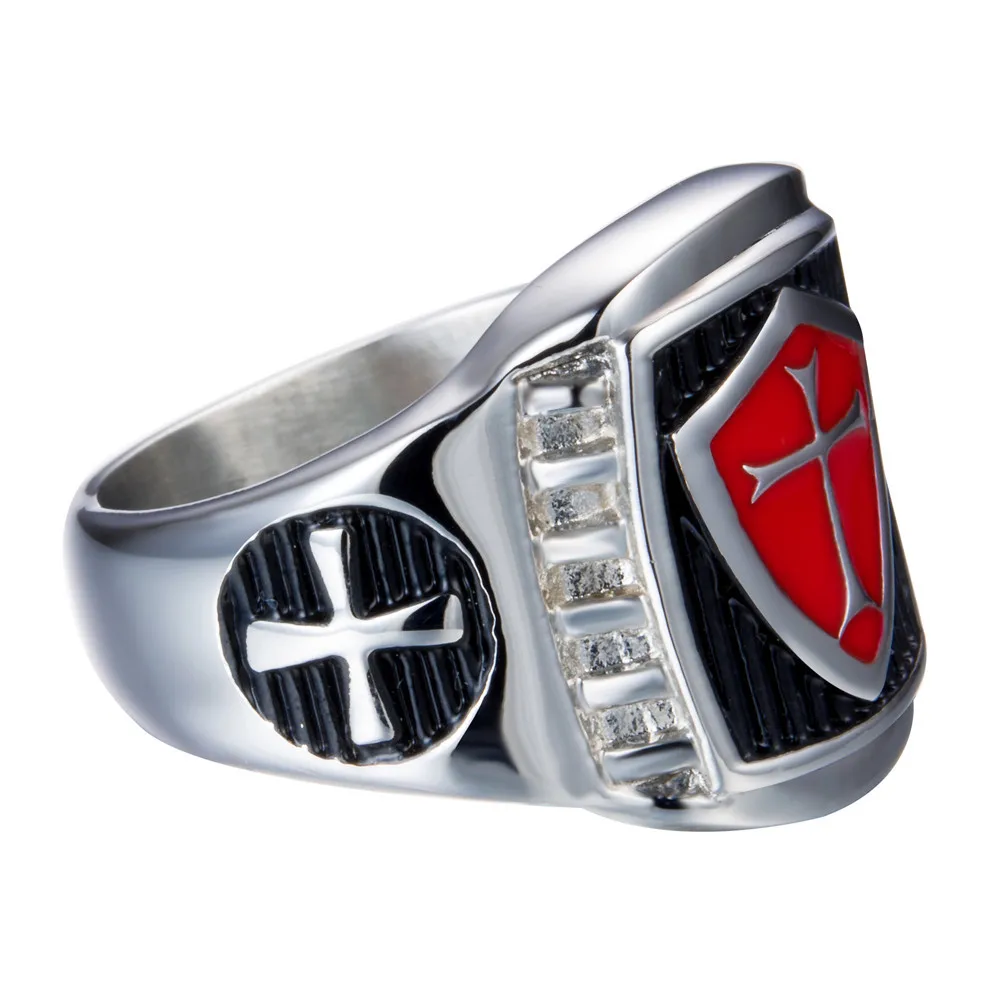 US 7 to 14 Mans Stainless Steel Titanium Red Armor Shield Knight Templar Crusade Cross Signet Ring Medieval Signet Retro Vintage