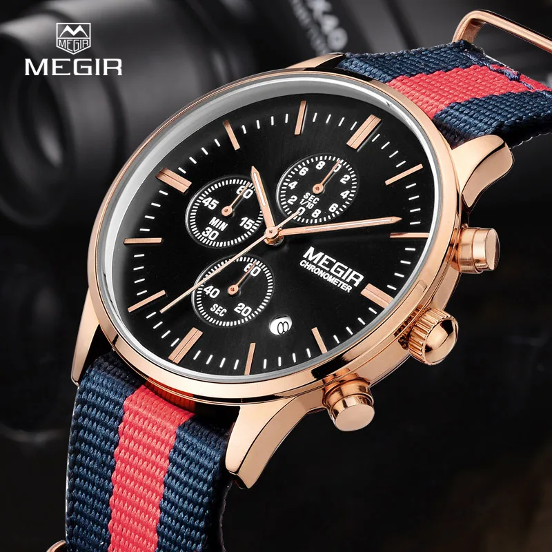 MEGIR casual chronograph military water resistant quartz watch men luminous canvas strap wristwatch 2011 free shipping