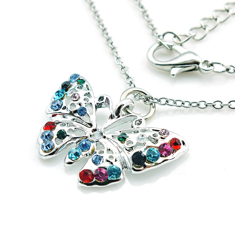 JINGLANG Free Shipping Retail Fashion Pendants Necklace Multicolor Rhinestone Butterfly Charms Necklace For Women Jewelry