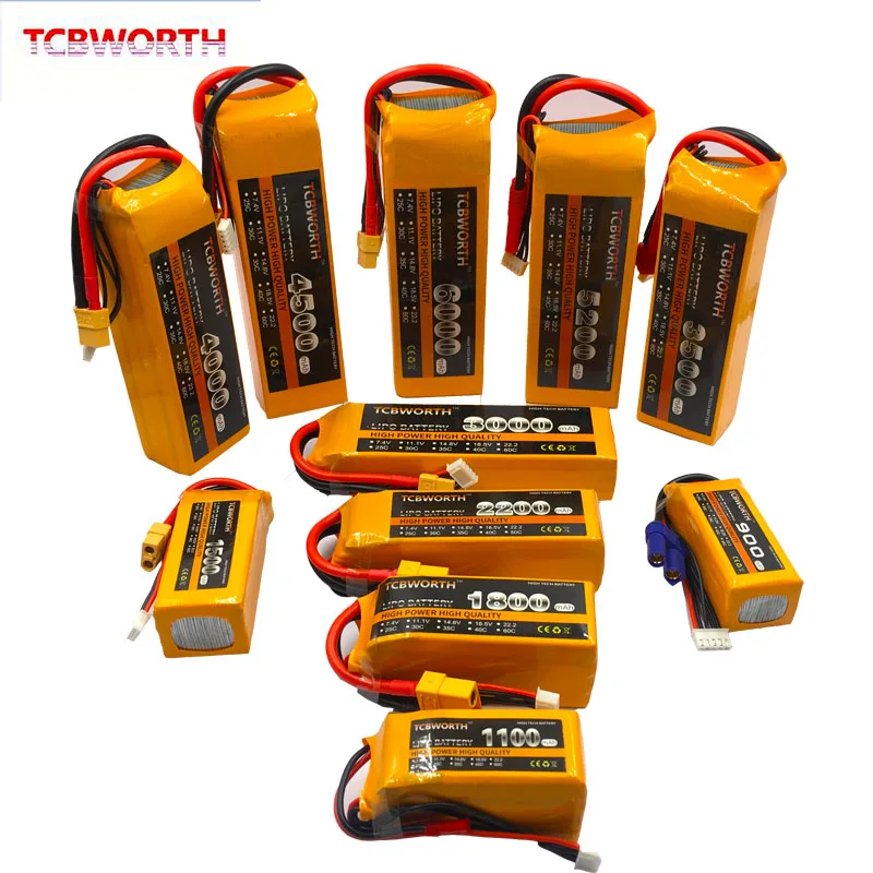 TCBWORTH RC Lipo Battery 2S 3S 4S 6S 11.1V 14.8V 22.2V 1300 1500 1800 2200 3000 4200 5200 6000mah Battery XT60-T Deans Plug 