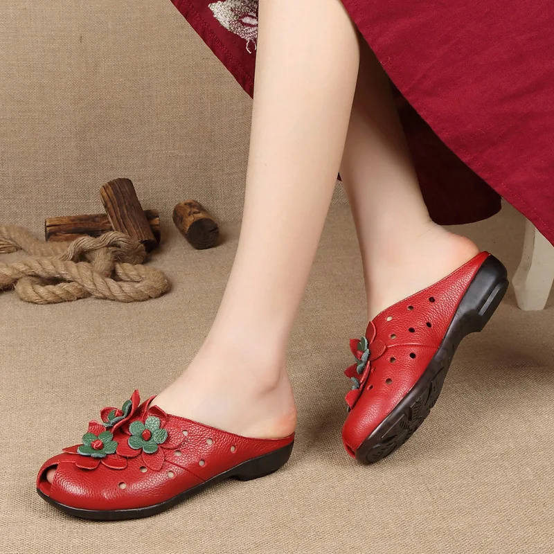 Summer Women Sandals Fashion Soft Leather Genuine Handmade Flower Women Flat Heel Sandals Slippers Mother shoes