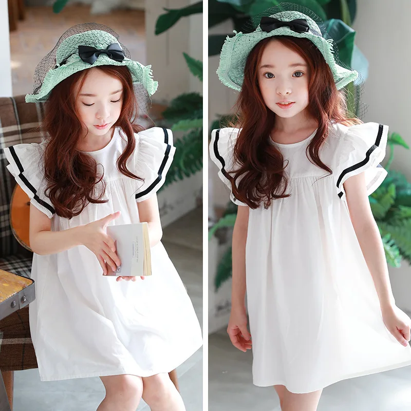 2024 Beach Teen Girl Summer Clothes Dress For Girls 100% Cotton Dresses White Baby Children Holiday Fly Sleeve