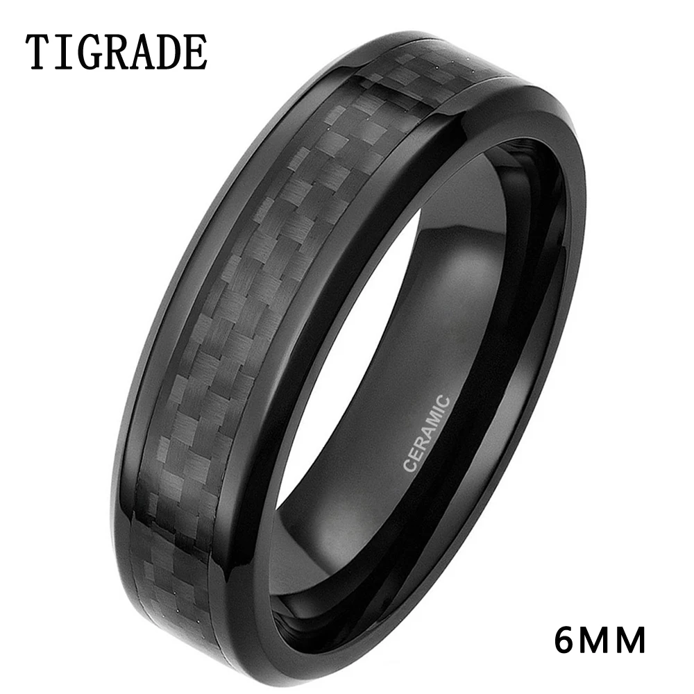 TIGRADE 6/8mm Men\'s Black Rings Carbon Fiber Inlay Ceramic Ring Wedding Band Dark Male Jewelry Finger Band Unique anillo hombre