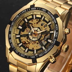 Luxury Brand WINNER Antique Skeleton Mechanical Watches Men Stainless Steel Golden Band Wristwatch Relogio Masculino