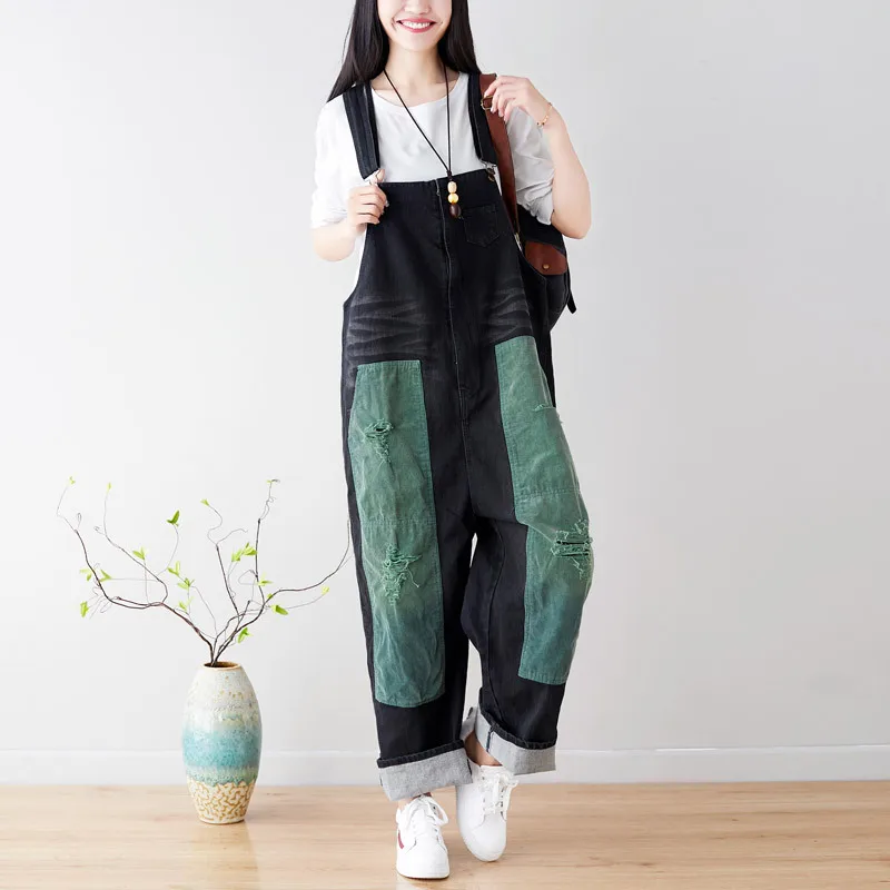 New--2019 female new spring plus size casual stitching patch jeans and with do old holes loose wide-leg pant