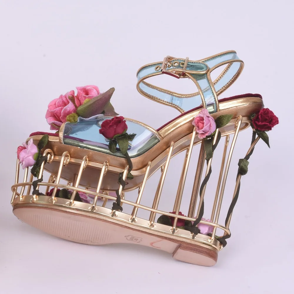 Peep Toe Woman Sandal Rose Caged Heels Platform Wedge Sandal Flower PVC 17CM Cutouts Gladiator sandal