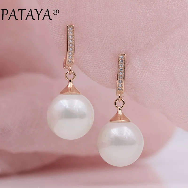 PATAYA New Trendy Multicolor Faux Shell Pearls Round Natural Zircon Long Drop Earrings Women Wedding Party Luxury Jewelry Gift