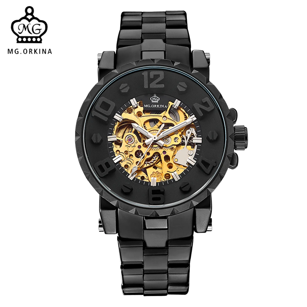 

MG. ORKINA Men Wristwatch Golden Skeleton Clock Mechanical Male Wrist Watch Black Relogio Masculino Automatic Zegarek Meski