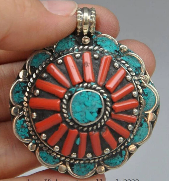 decoration Tibet copper silver  china Chinese tibetan silver mosaic Turquoise Red Coral Amulet Pendant