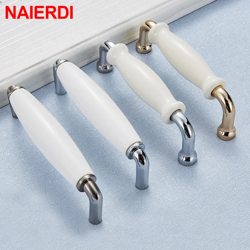 NAIERDI Modern Ceramic Cabinet Handles Zinc Alloy Drawer Knobs Bright Chrome Wardrobe Door Handles Furniture Handle 96mm/128mm