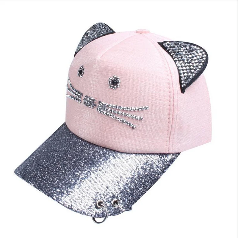 

High quality Rhinestone Snapback Cute Cat Ears Cartoon Baseball Cap Women Casual Sun Hat Gorras Bones Casquette for Woman