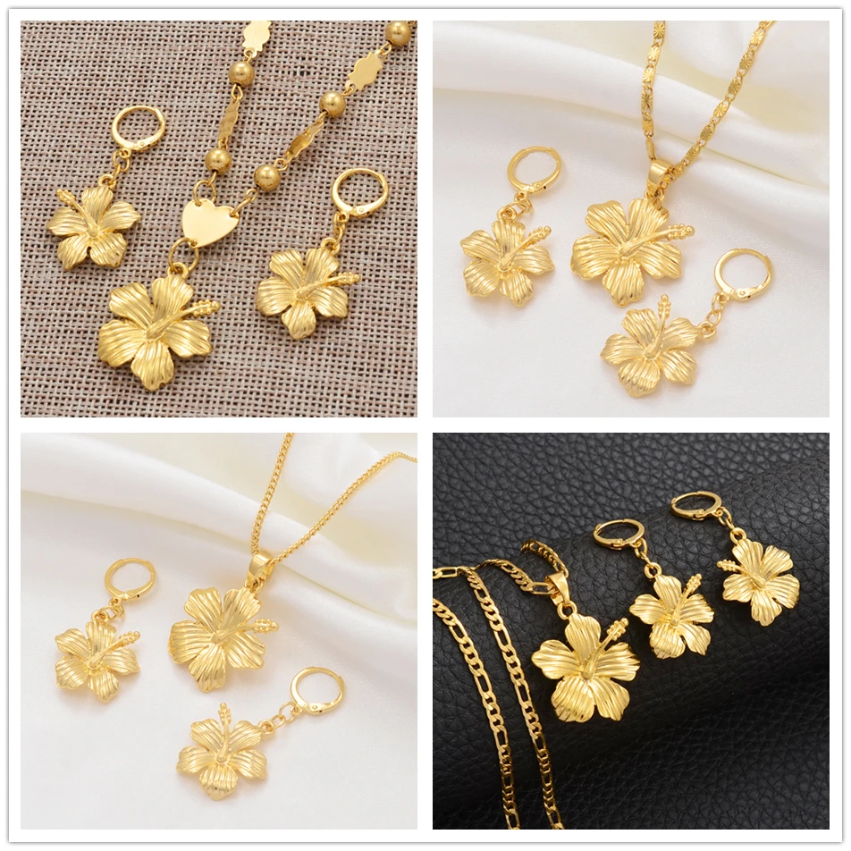 Anniyo Hawaiian Flower Jewelry Sets Pendant Necklaces Earrings Women Girls Gold Color Micronesia Guam Chuuk Kwajalein #213106