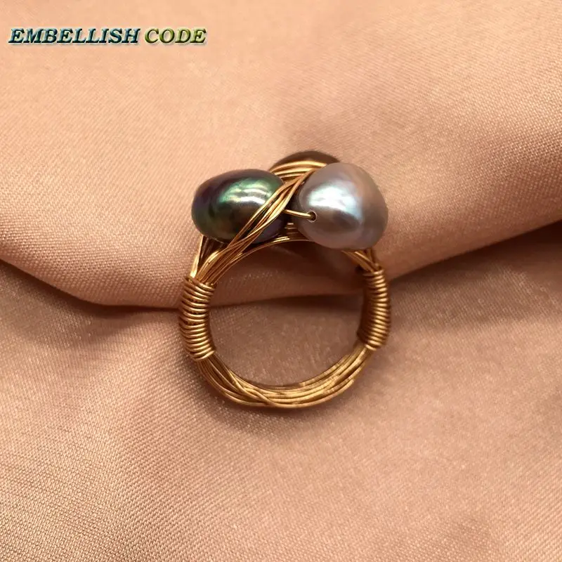 NEW Design original pieces gold with baroque ring pearls hand make rings peacock brown grey mixed color