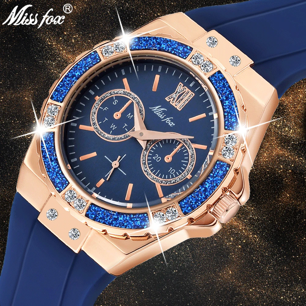 MISSFOX Women\'s Watches Chronograph Rose Gold Sport Watch Ladies Diamond Blue Rubber Band Xfcs Analog Female Quartz Wristwatch