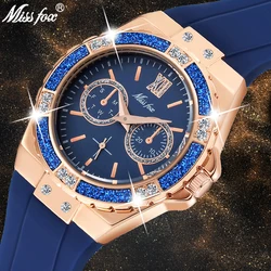 MISSFOX frauen Uhren Chronograph Rose Gold Sport Uhr Damen Diamant Blau Gummi Band Xfcs Analog Weibliche Quarz Armbanduhr