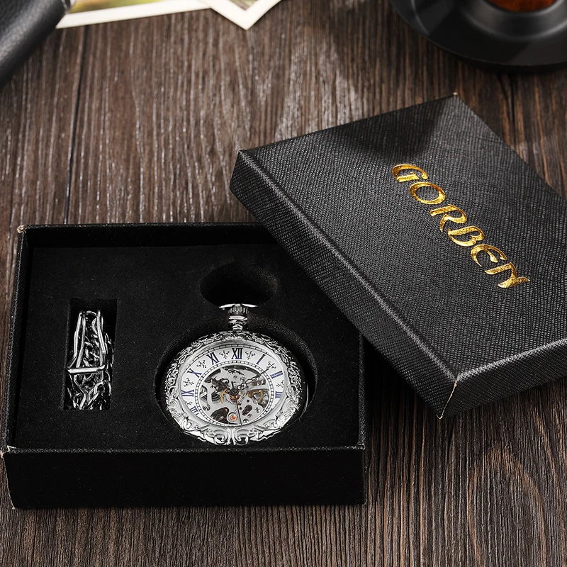 Elegant Mens Mechanical Pocket Watch Retro Ladies Silver Caved Flip Case Fob Chain Watch Hollow Skeleton Steampunk Clock for Men