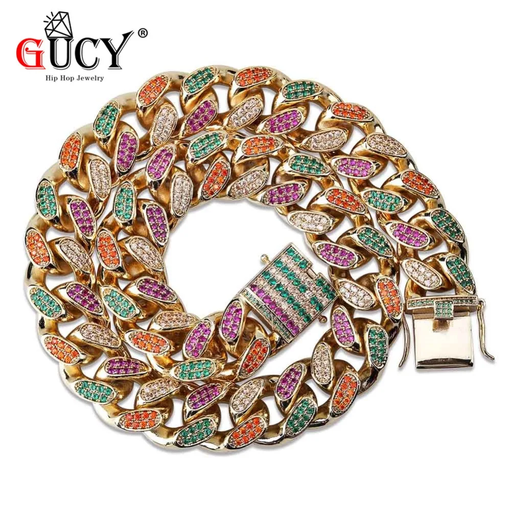 

GUCY 18MM Hip Hop Cuban Chain Necklace Micro Pave Multicolor Cubic Zircon Stones Gold Silver Color Heavy Necklaces Gift For Men