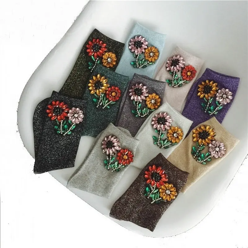 Women Winter Short Silk Socks Flower Handmade Colorful Silver Shiny Sunflower Crystal Rhinestone Socks