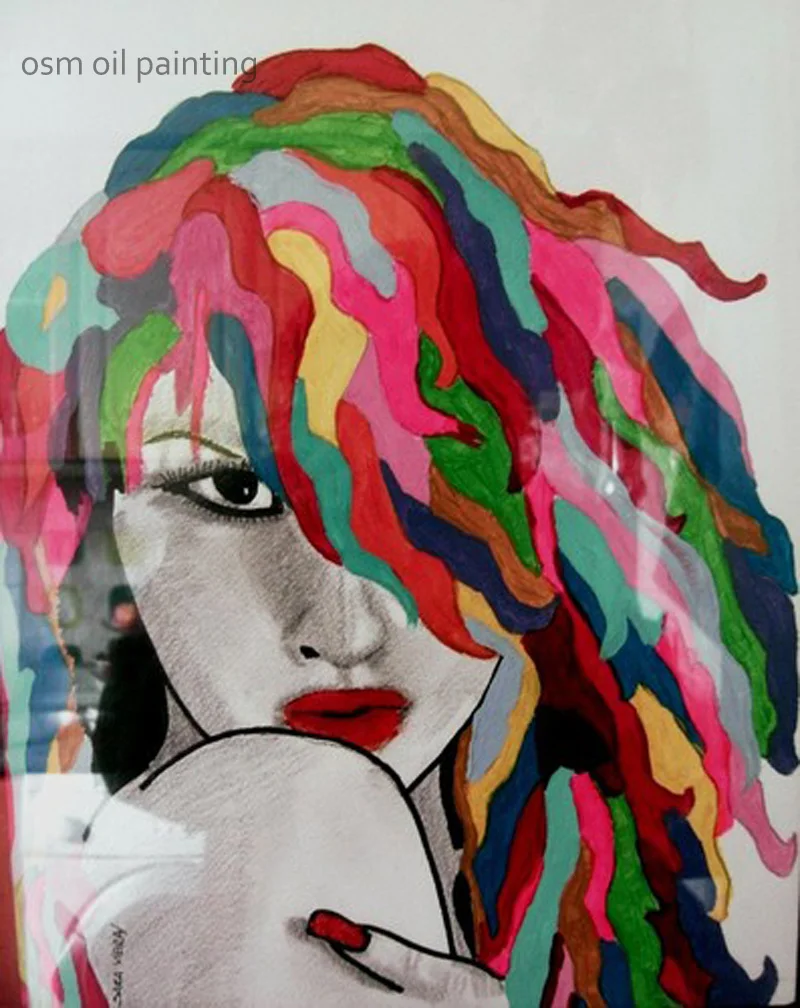 Top Skill Handpainting Sexy Lady Head Portrait Fine Wall Artwork Handmade Abstract Cool Girl with Colorful Hair Canvas Paintings