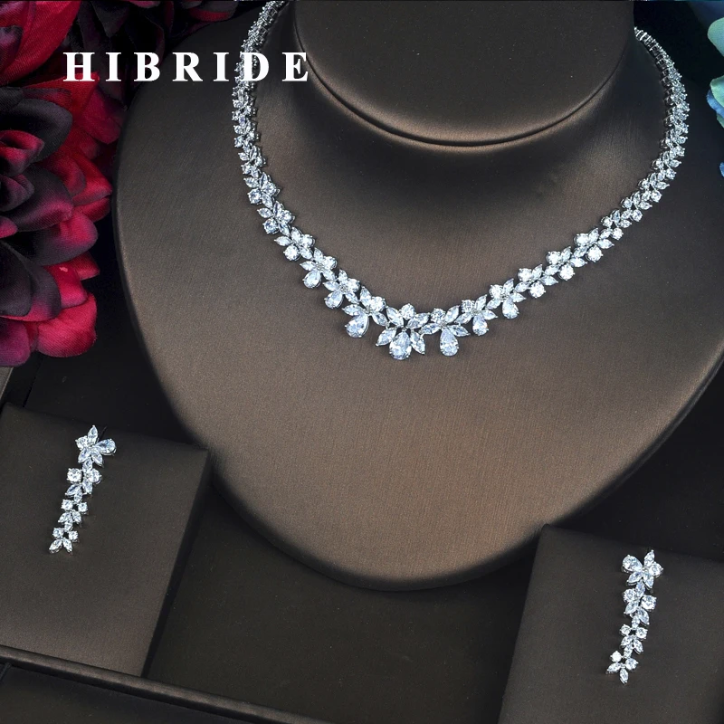 

HIBRIDE Luxury Flower Shape Clear Cubic Zircon Female Jewelry Sets With Necklace Earring Set For Wedding Party Gifts N-217