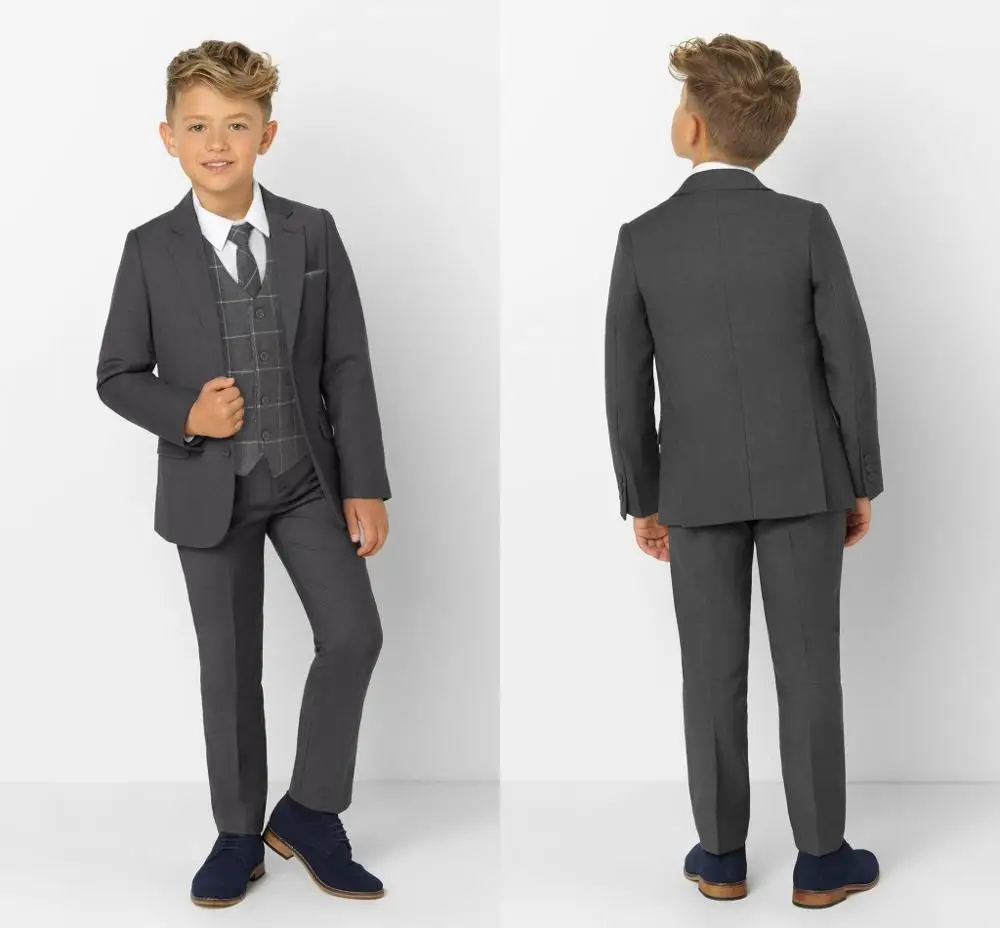 Dark Grey Peaked Lapel Kids Suits Fashion Children Clothing Set Boy's Formal Prom Suits 2019 (Jacket+Pants+Tie+Vest)