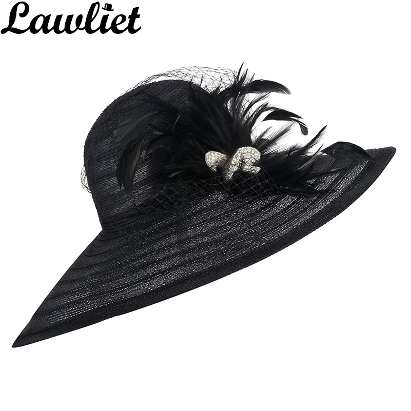 Lawliet Women Dress Hats Church Wedding Kentucky Derby Wide Brim Feather Veil Sun Hat Female Floppy Hats for Summer A265