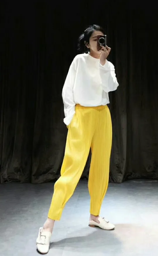 Miyake fashion  Spring and summer mid waist solid harem ankle-lenght pants  IN STOCK