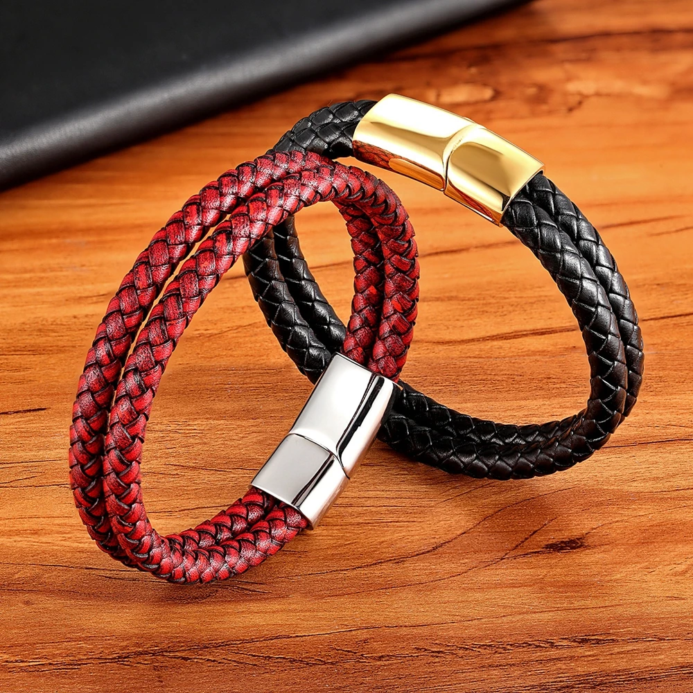 XQNI New Design Classic Vintage leather Stainless Steel Leather Men\'s Bracelet Steel Color Button Accessories Christmas Gifts