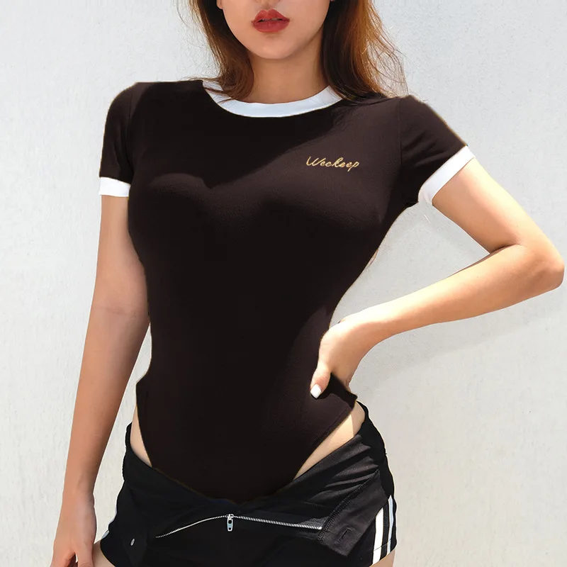 Solid Bodysuit Casual Letter Printed O Neck Bodysuit Short Sleeve  Bodycon Jumpsuit Elegant 2019 Summer Body Femme  XZ307