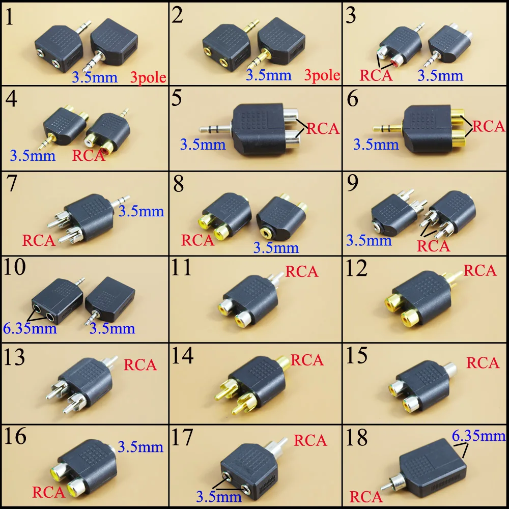 

Штекерный разъем 3,5 мм/6,35 дюйма на 2 RCA штекера F/M или M/F, штекер на 2 двойных RCA штекера, AV стерео аудио адаптер, сплиттер штекера Y